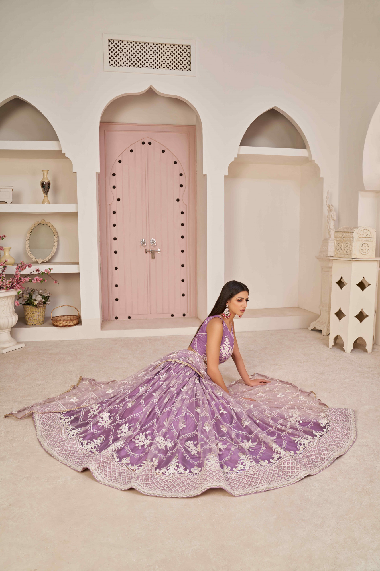 Lavender Net Embroidered Wedding Reception Festival Heavy Border Lehenga Choli