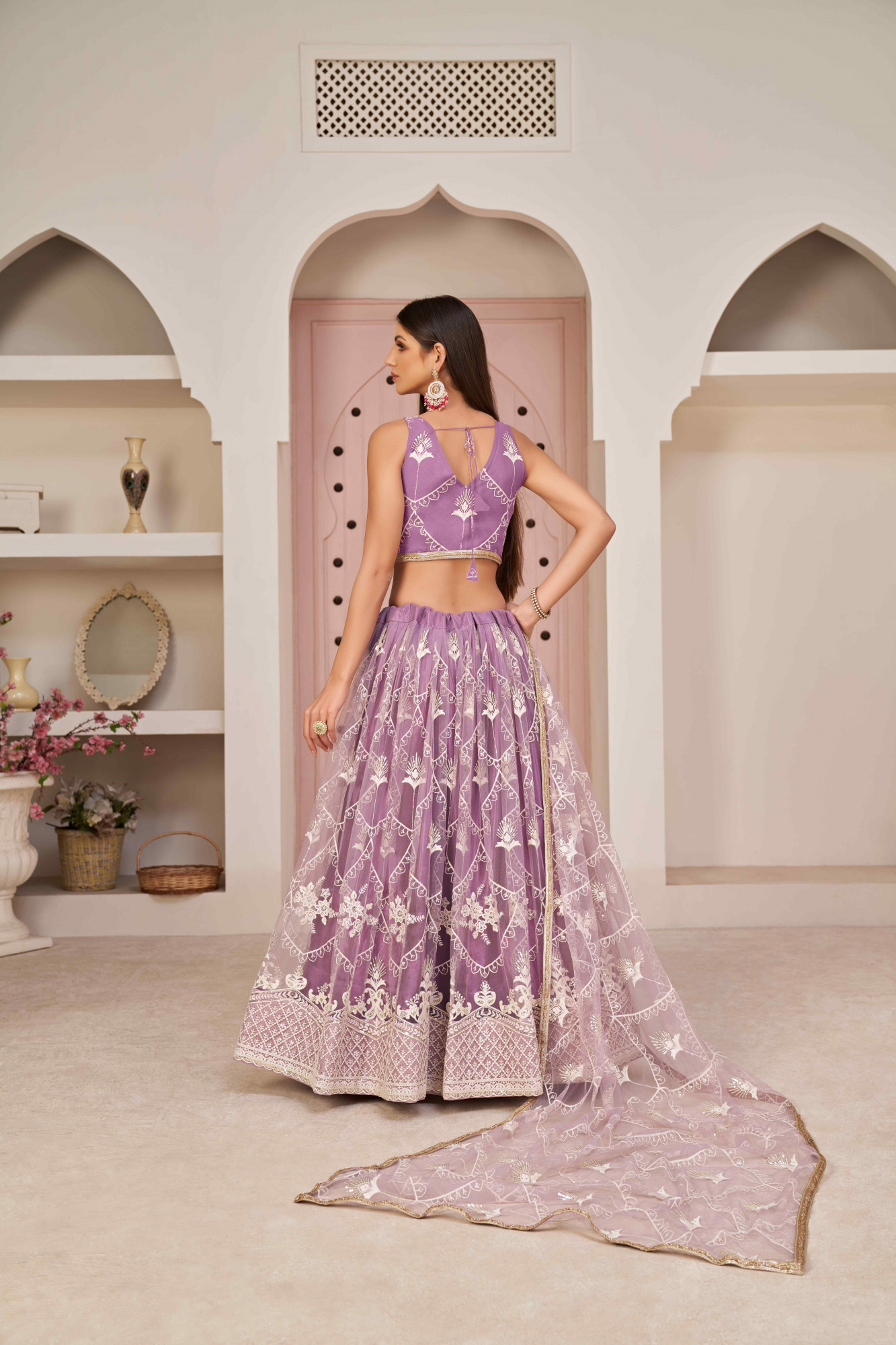 Lavender Net Embroidered Wedding Reception Festival Heavy Border Lehenga Choli