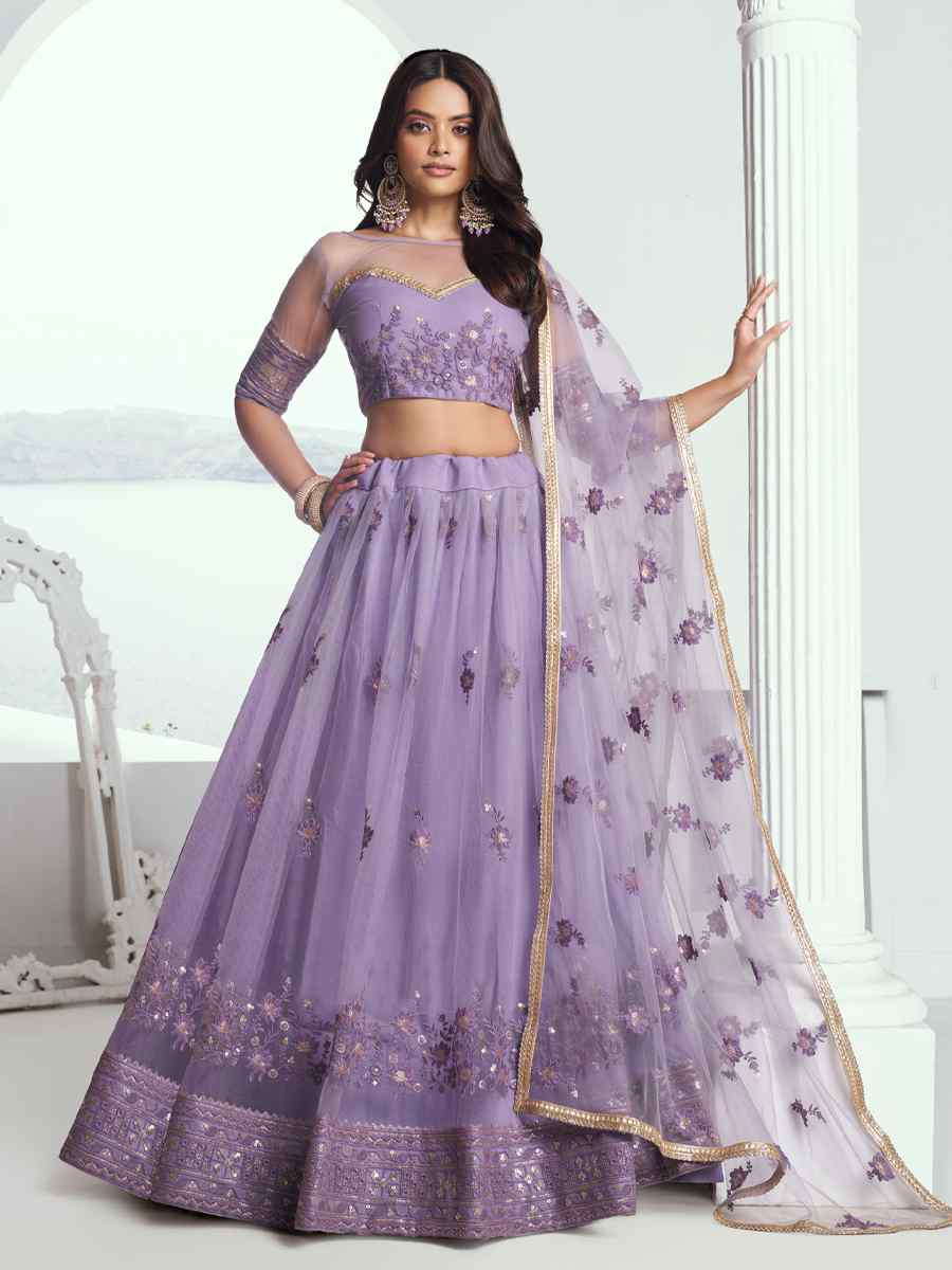 Lavender Net Embroidered Wedding Reception Festival Heavy Border Lehenga Choli