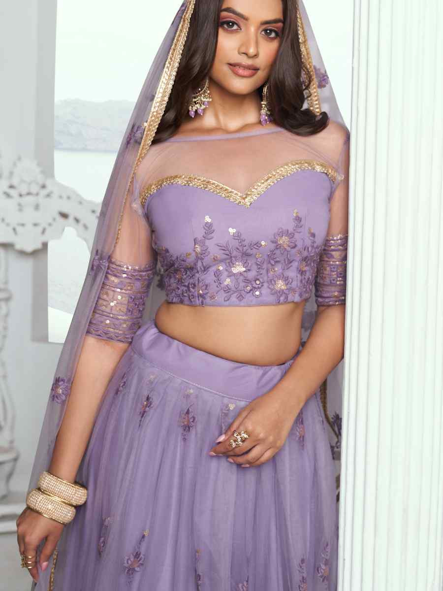 Lavender Net Embroidered Wedding Reception Festival Heavy Border Lehenga Choli