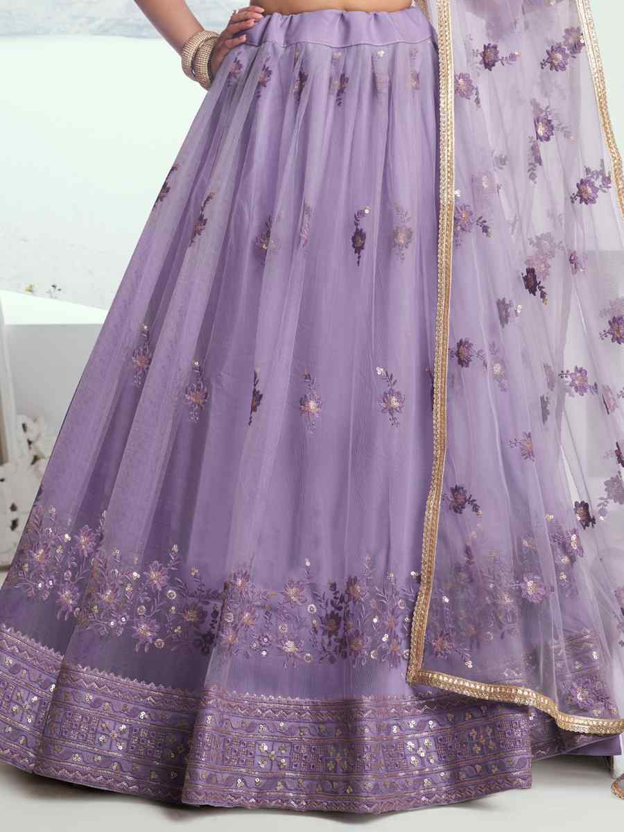 Lavender Net Embroidered Wedding Reception Festival Heavy Border Lehenga Choli