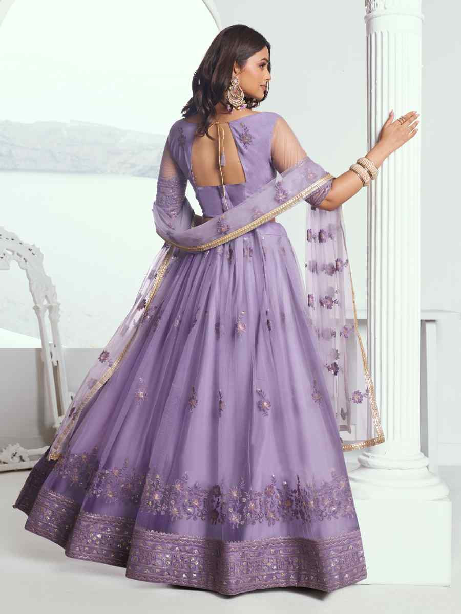 Lavender Net Embroidered Wedding Reception Festival Heavy Border Lehenga Choli