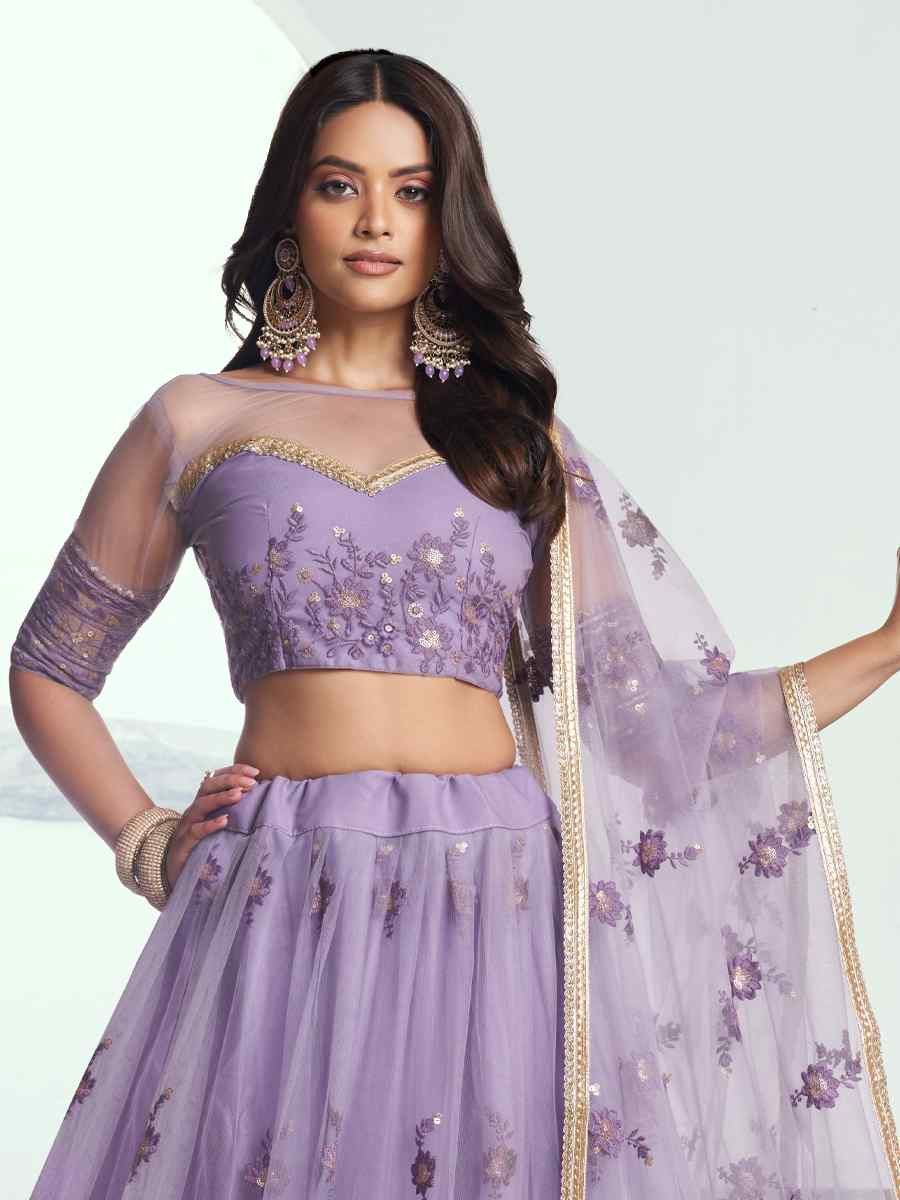 Lavender Net Embroidered Wedding Reception Festival Heavy Border Lehenga Choli