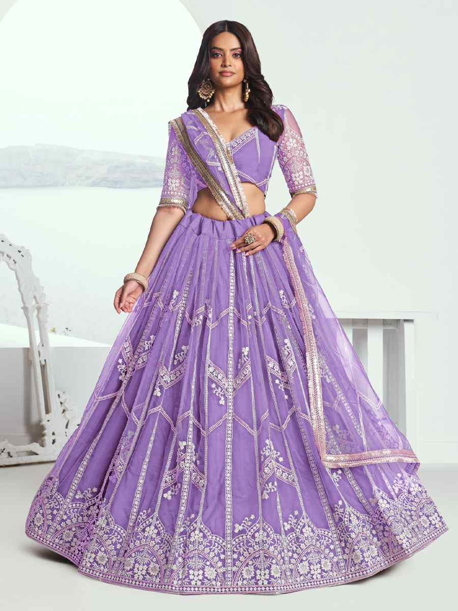 Lavender Net Embroidered Wedding Reception Festival Heavy Border Lehenga Choli