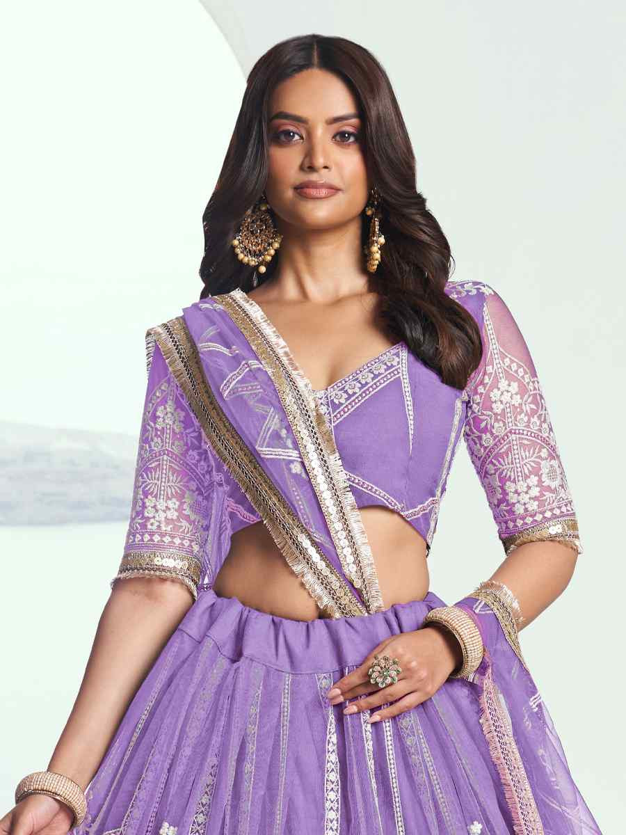 Lavender Net Embroidered Wedding Reception Festival Heavy Border Lehenga Choli