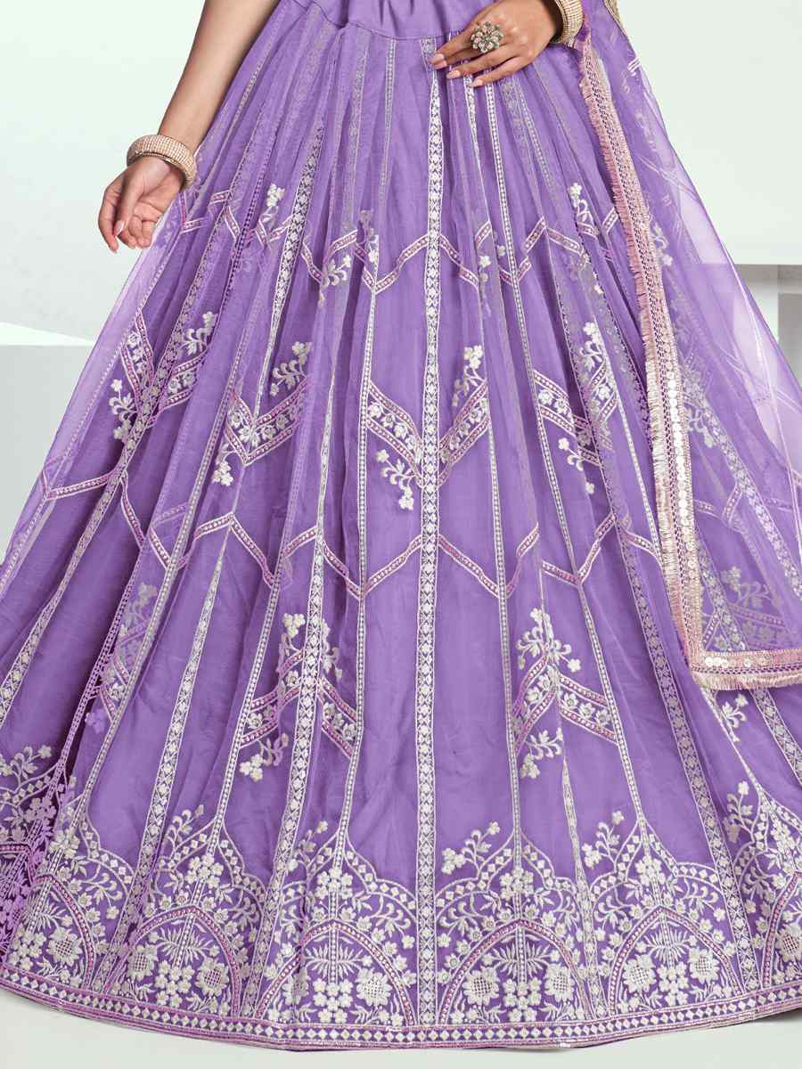 Lavender Net Embroidered Wedding Reception Festival Heavy Border Lehenga Choli
