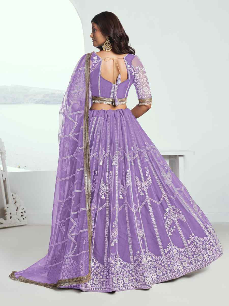 Lavender Net Embroidered Wedding Reception Festival Heavy Border Lehenga Choli