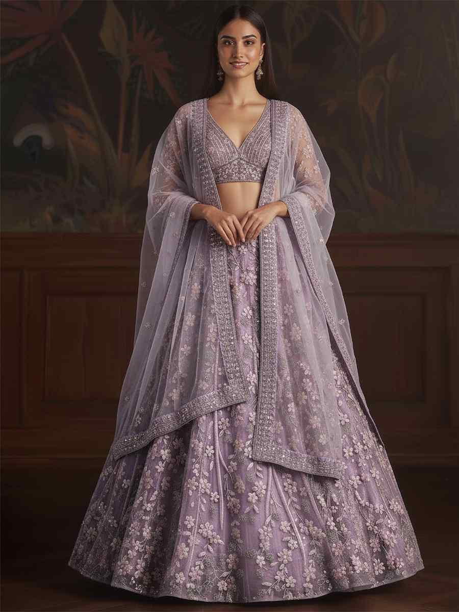 Lavender Net Embroidered Wedding Reception Festival Heavy Border Lehenga Choli