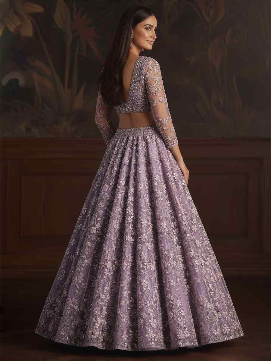 Lavender Net Embroidered Wedding Reception Festival Heavy Border Lehenga Choli