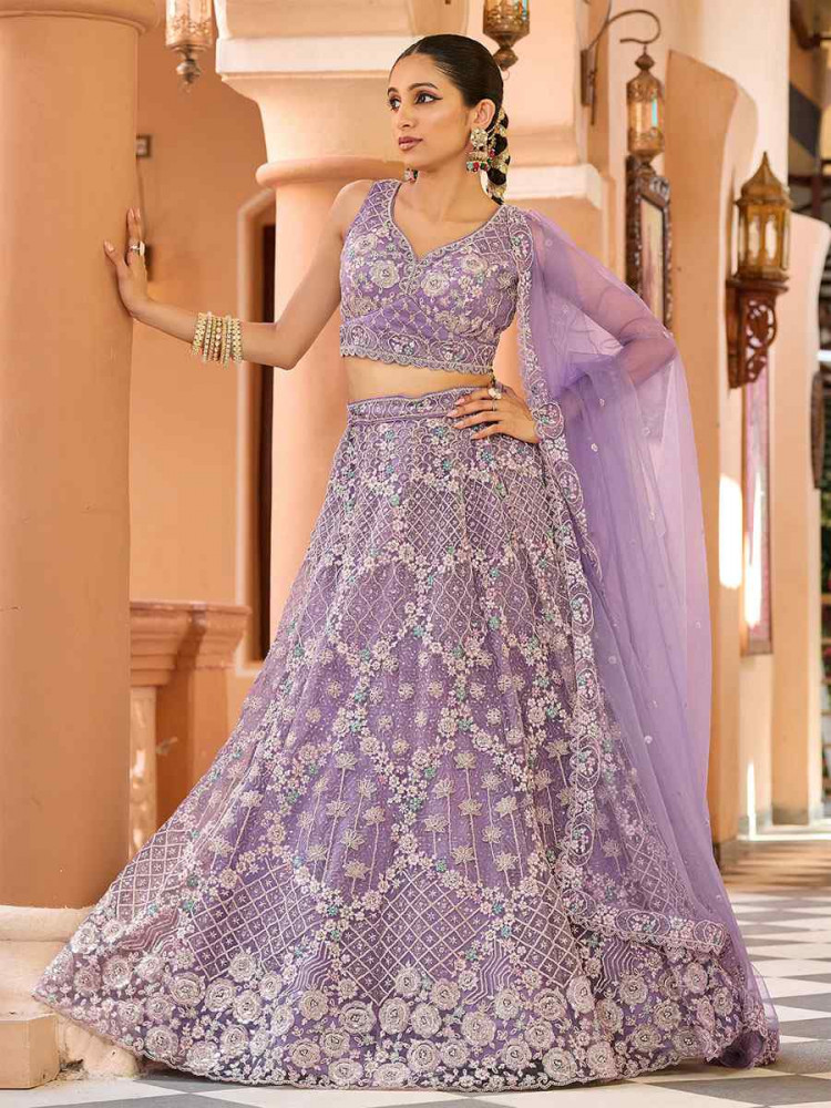 Image of Lavender Net Embroidered Wedding Reception Festival Heavy Border Lehenga Choli
