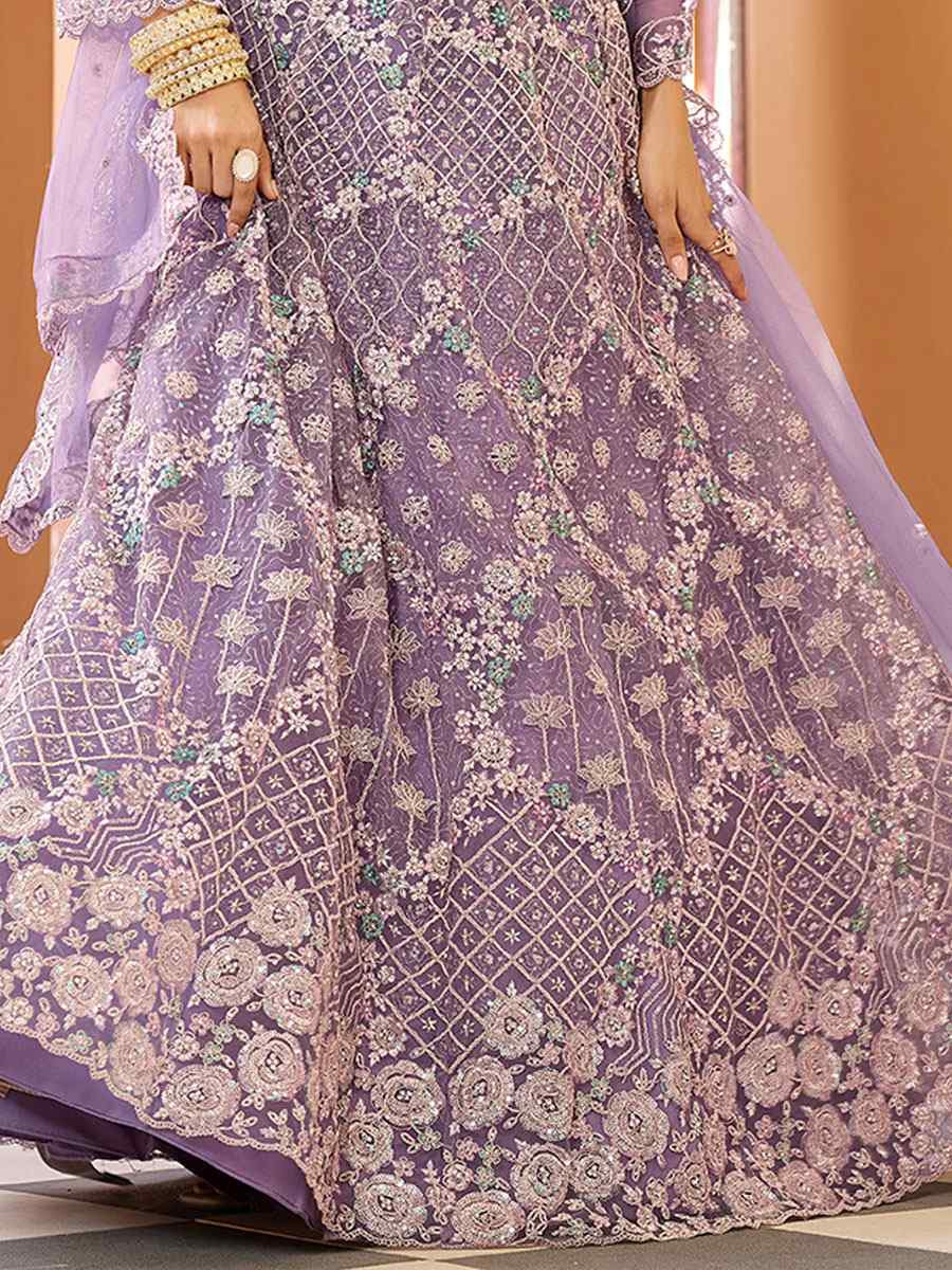 Lavender Net Embroidered Wedding Reception Festival Heavy Border Lehenga Choli
