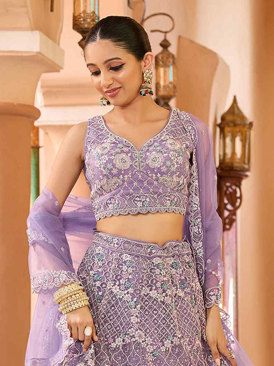 Lavender Net Embroidered Wedding Reception Festival Heavy Border Lehenga Choli