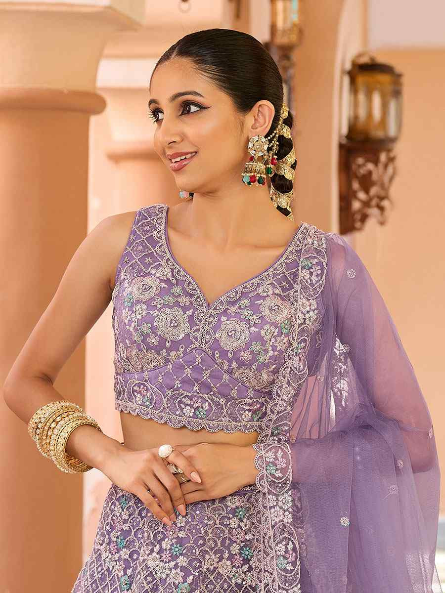 Lavender Net Embroidered Wedding Reception Festival Heavy Border Lehenga Choli