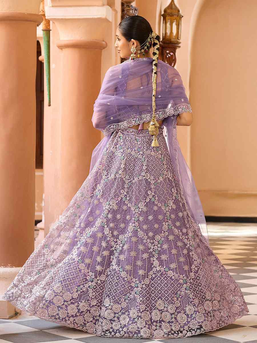 Lavender Net Embroidered Wedding Reception Festival Heavy Border Lehenga Choli