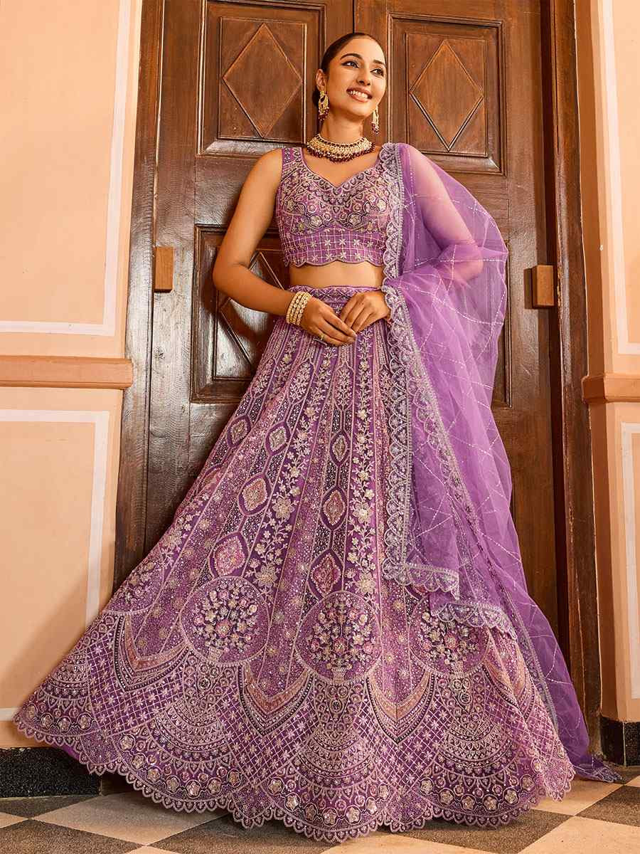 Lavender Net Embroidered Wedding Reception Festival Heavy Border Lehenga Choli
