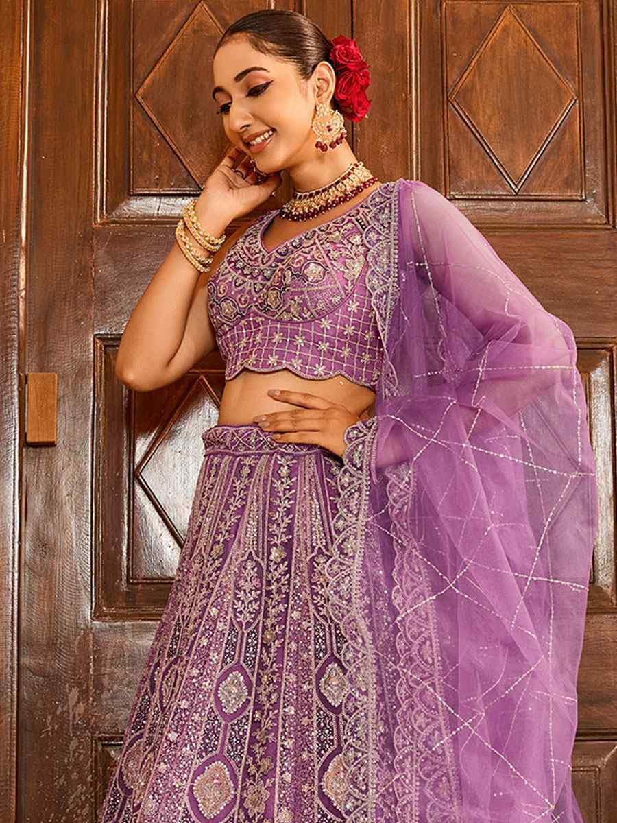Lavender Net Embroidered Wedding Reception Festival Heavy Border Lehenga Choli