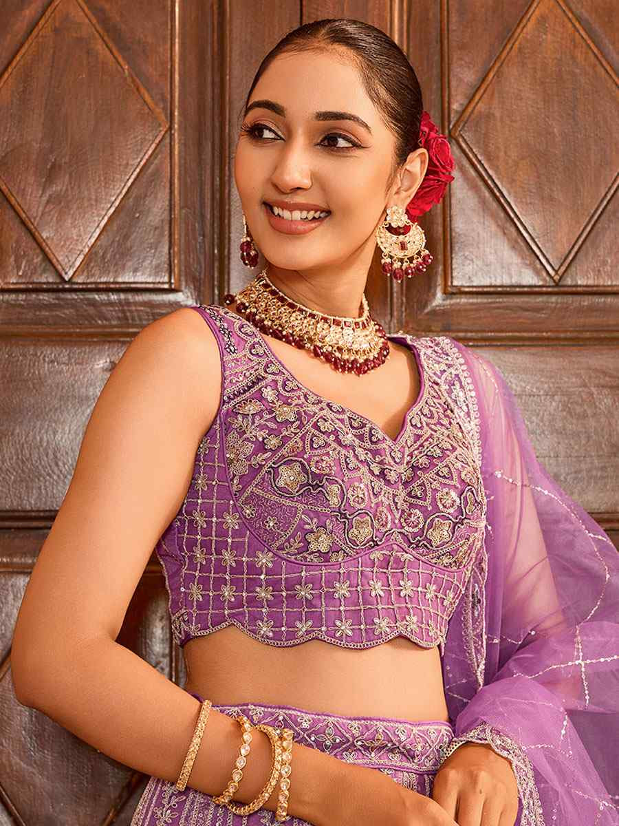 Lavender Net Embroidered Wedding Reception Festival Heavy Border Lehenga Choli