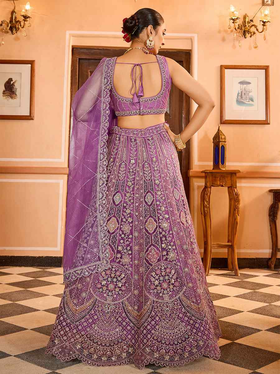 Lavender Net Embroidered Wedding Reception Festival Heavy Border Lehenga Choli