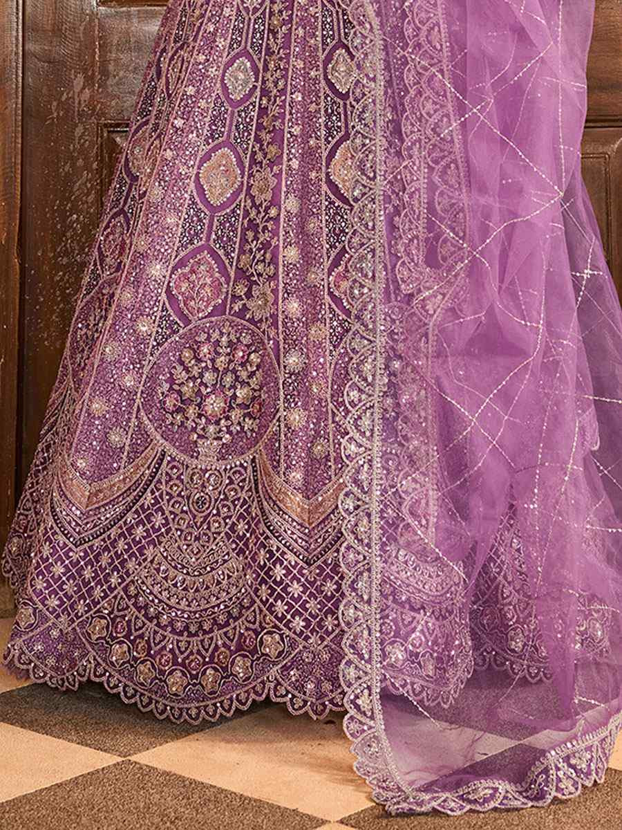 Lavender Net Embroidered Wedding Reception Festival Heavy Border Lehenga Choli