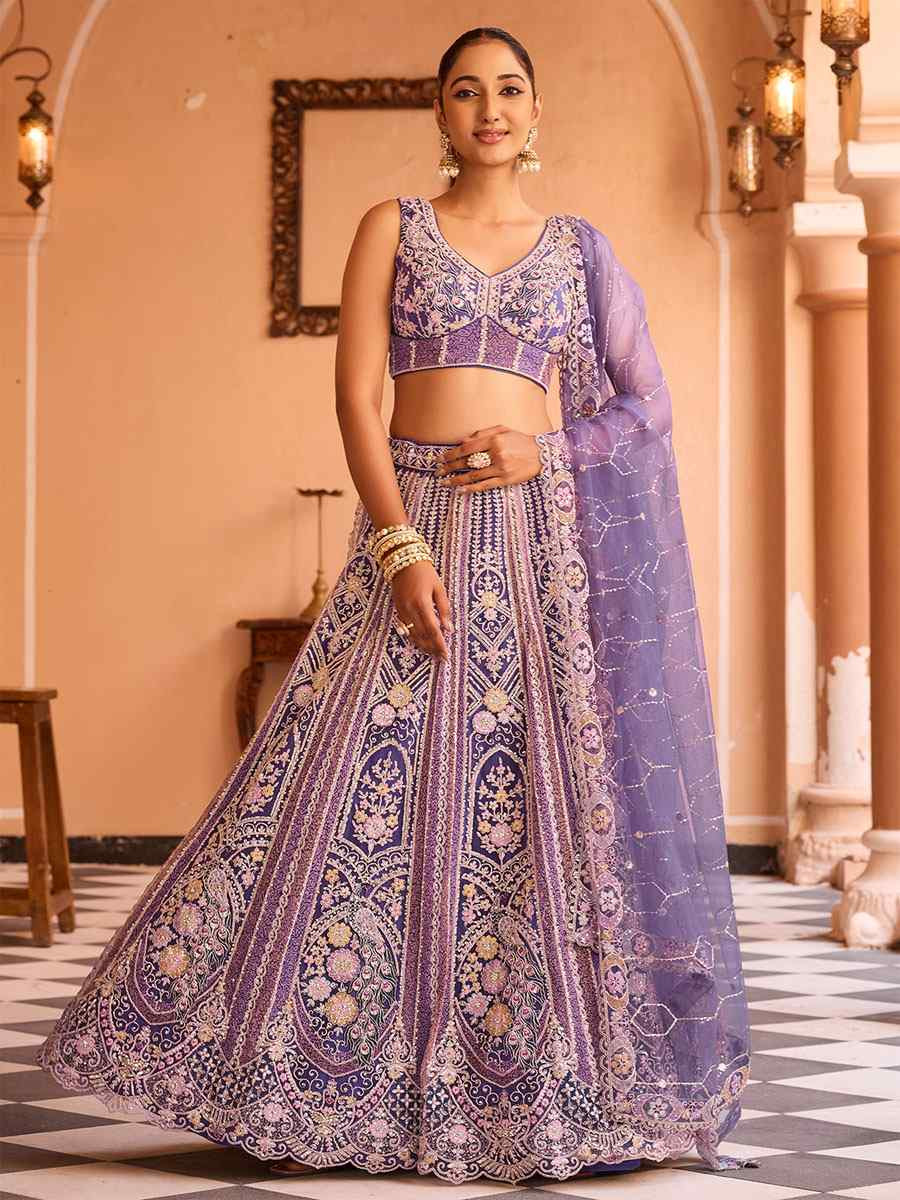 Lavender Net Embroidered Wedding Reception Festival Heavy Border Lehenga Choli