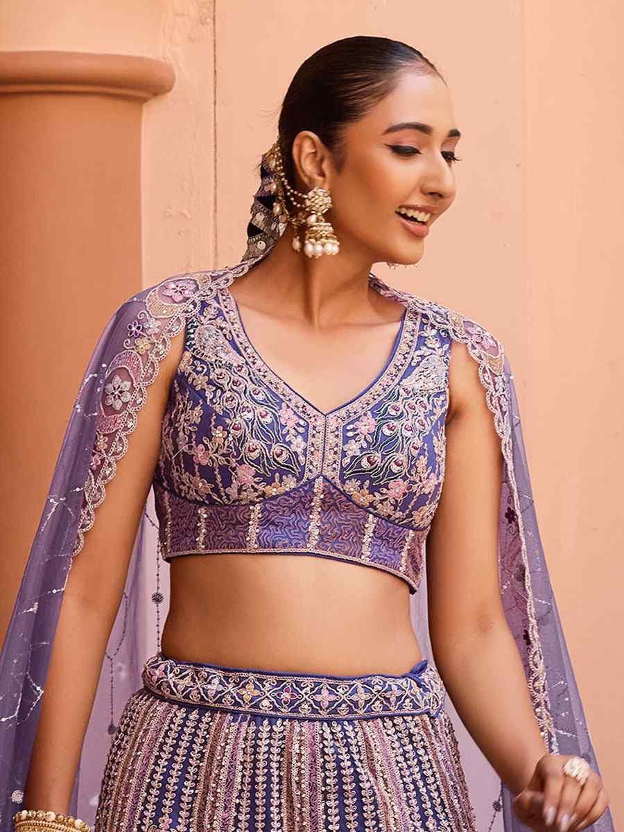 Lavender Net Embroidered Wedding Reception Festival Heavy Border Lehenga Choli