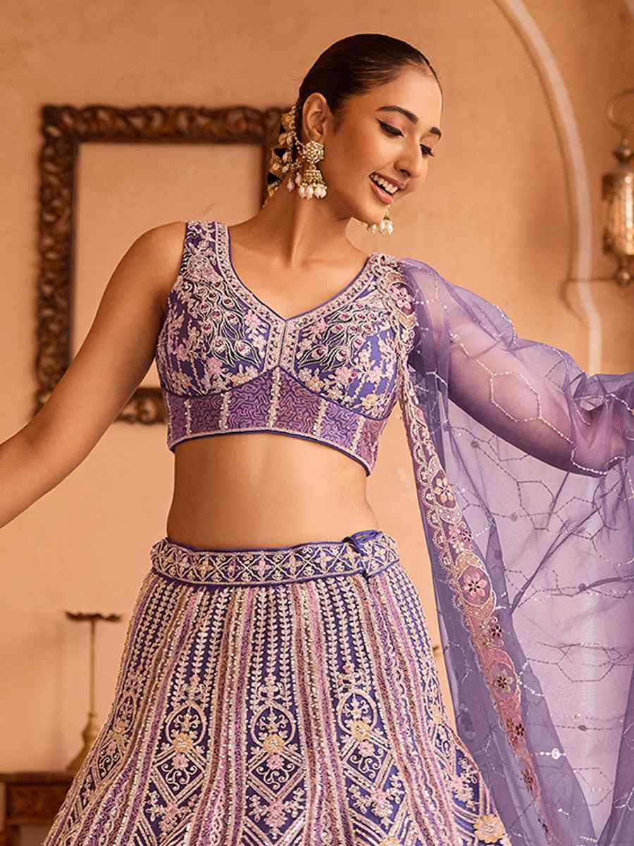 Lavender Net Embroidered Wedding Reception Festival Heavy Border Lehenga Choli