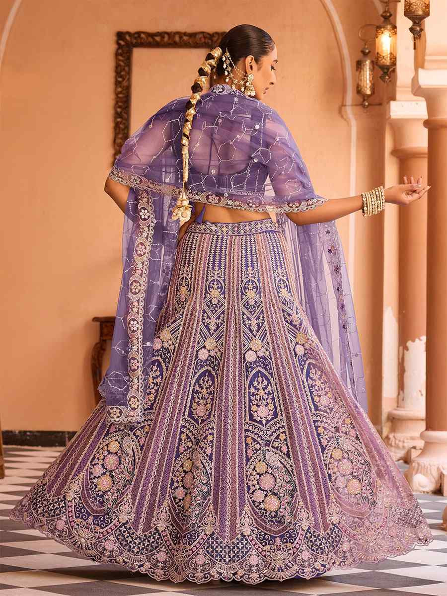 Lavender Net Embroidered Wedding Reception Festival Heavy Border Lehenga Choli