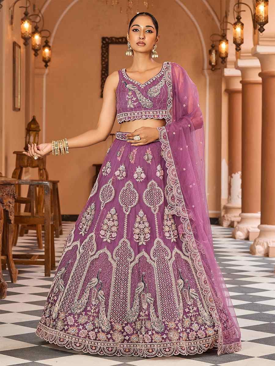 Lavender Net Embroidered Wedding Reception Festival Heavy Border Lehenga Choli