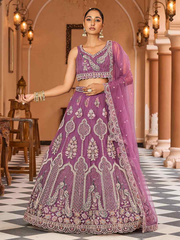 Image of Lavender Net Embroidered Wedding Reception Festival Heavy Border Lehenga Choli