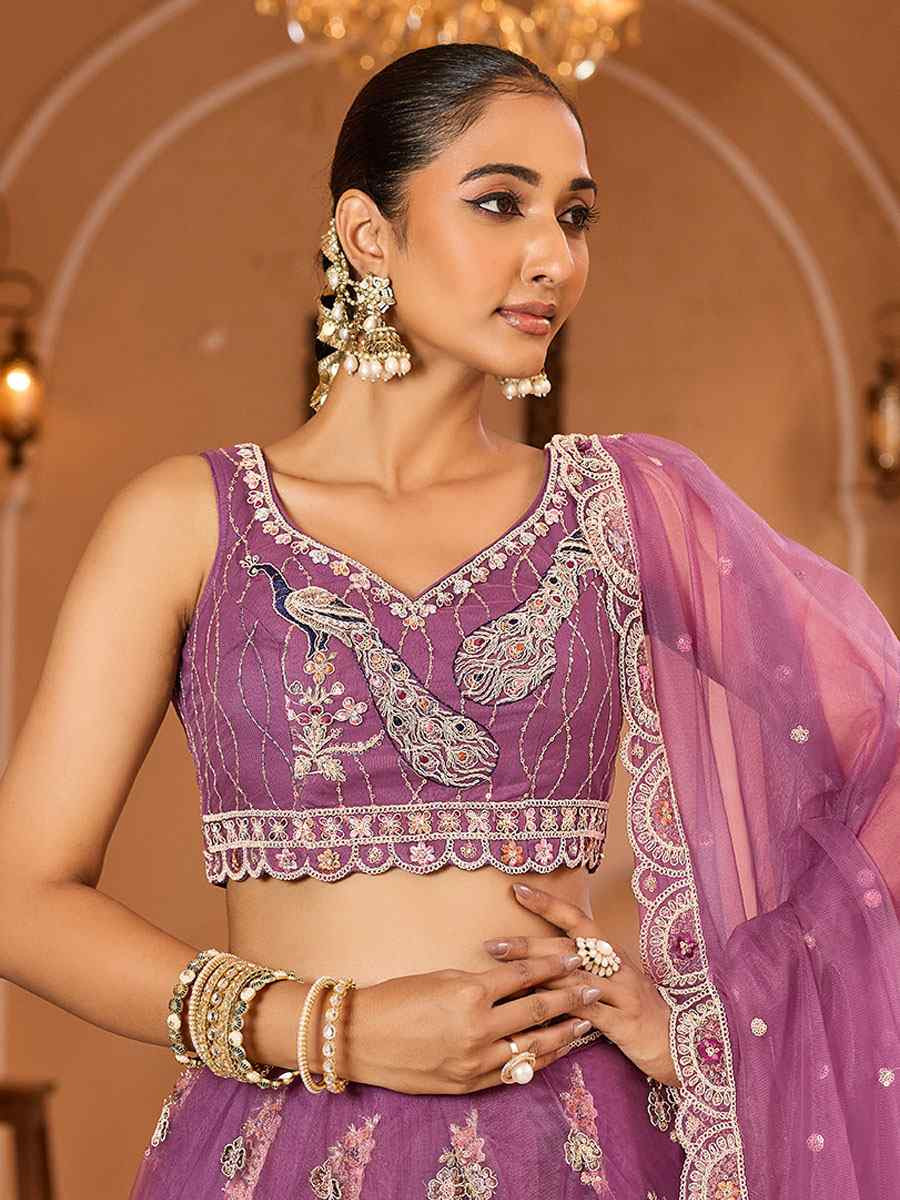 Lavender Net Embroidered Wedding Reception Festival Heavy Border Lehenga Choli