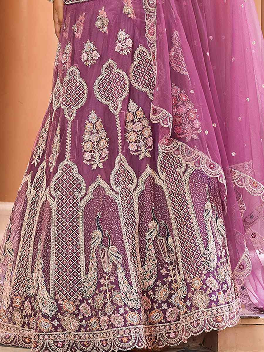 Lavender Net Embroidered Wedding Reception Festival Heavy Border Lehenga Choli