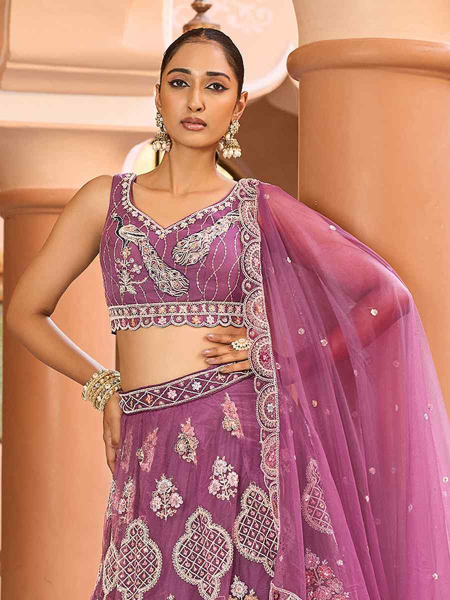Lavender Net Embroidered Wedding Reception Festival Heavy Border Lehenga Choli