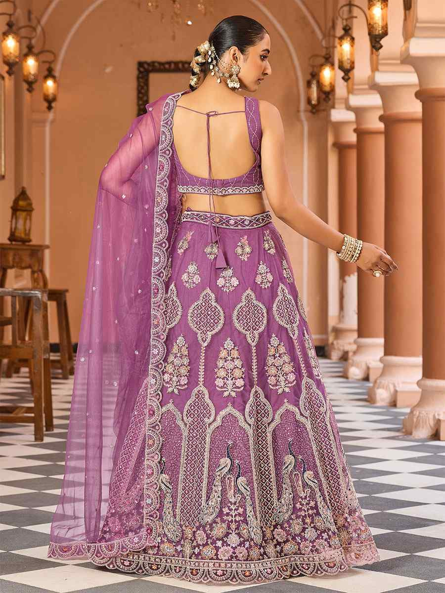 Lavender Net Embroidered Wedding Reception Festival Heavy Border Lehenga Choli