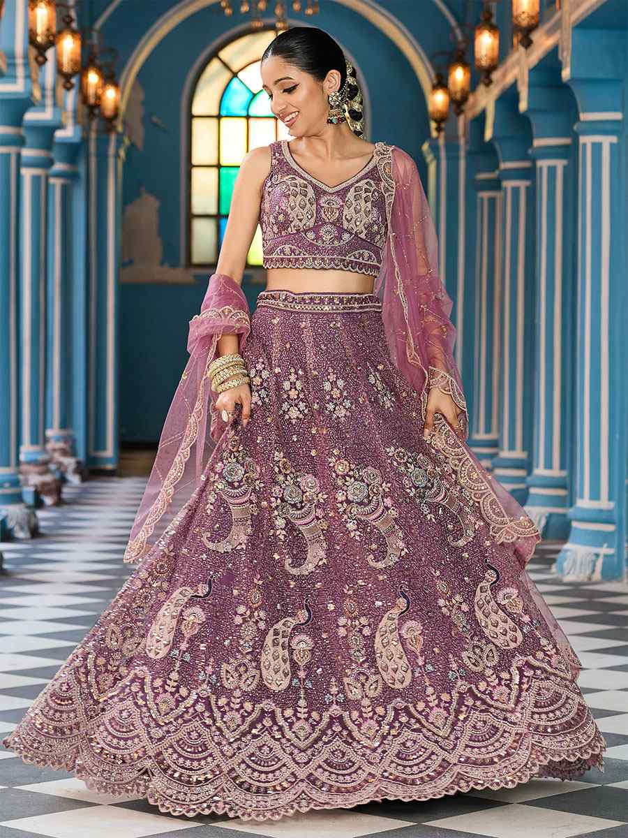 Lavender Net Embroidered Wedding Reception Festival Heavy Border Lehenga Choli