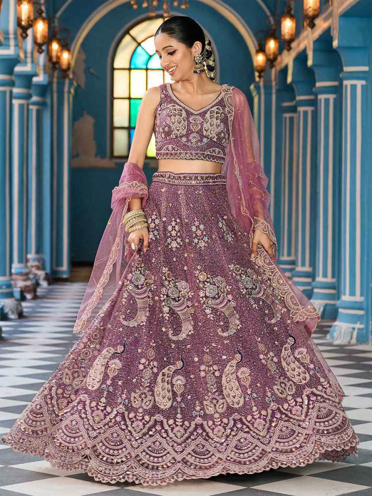 Image of Lavender Net Embroidered Wedding Reception Festival Heavy Border Lehenga Choli
