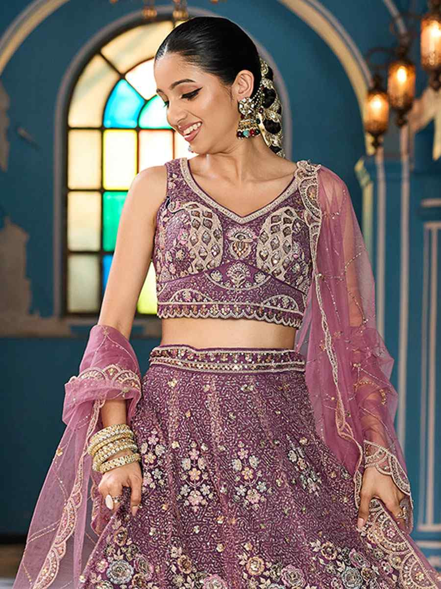 Lavender Net Embroidered Wedding Reception Festival Heavy Border Lehenga Choli