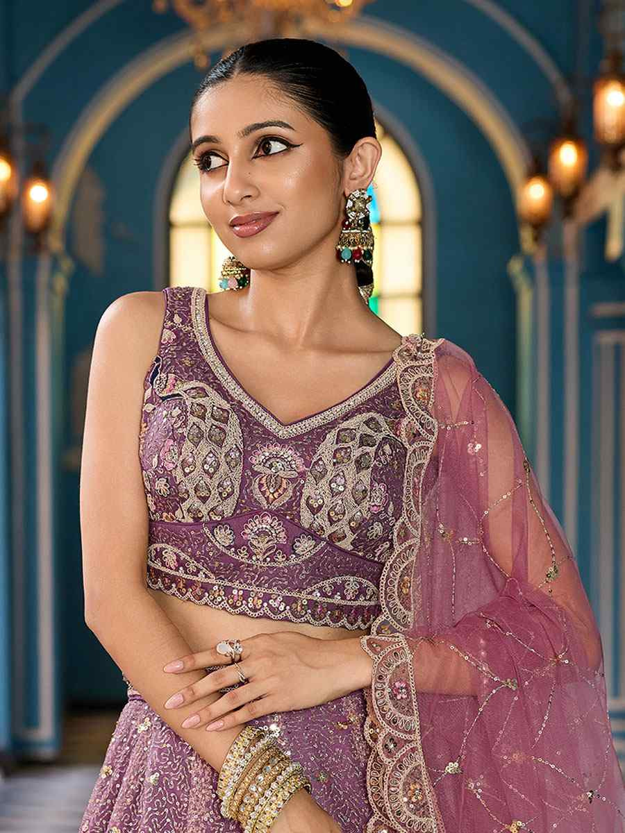 Lavender Net Embroidered Wedding Reception Festival Heavy Border Lehenga Choli