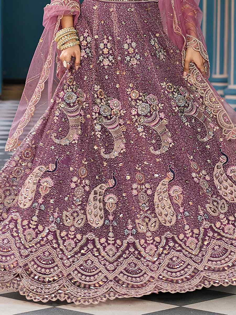 Lavender Net Embroidered Wedding Reception Festival Heavy Border Lehenga Choli