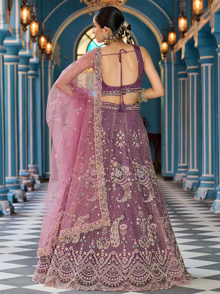 Lavender Net Embroidered Wedding Reception Festival Heavy Border Lehenga Choli