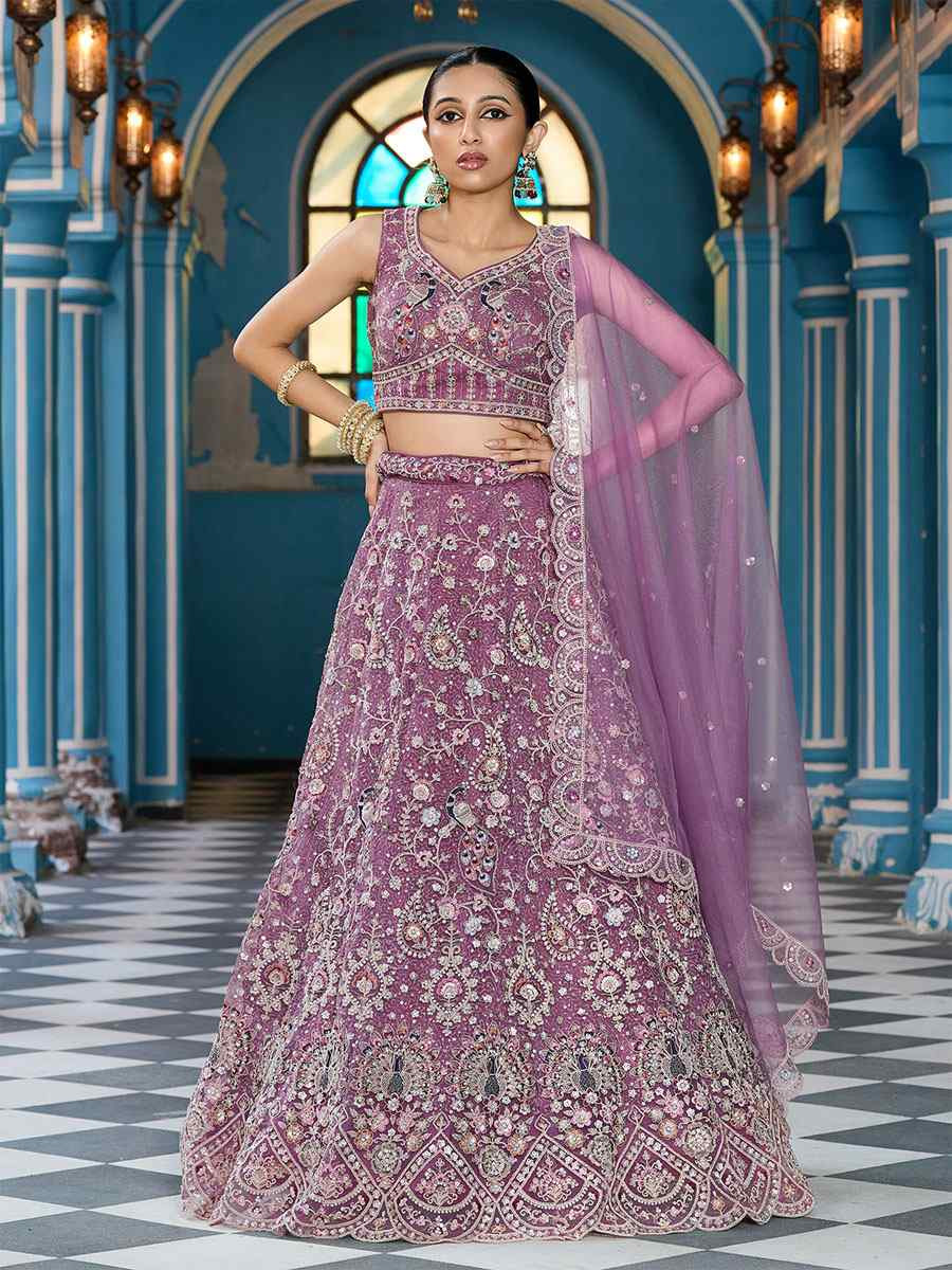 Lavender Net Embroidered Wedding Reception Festival Heavy Border Lehenga Choli