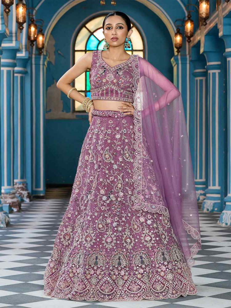 Image of Lavender Net Embroidered Wedding Reception Festival Heavy Border Lehenga Choli
