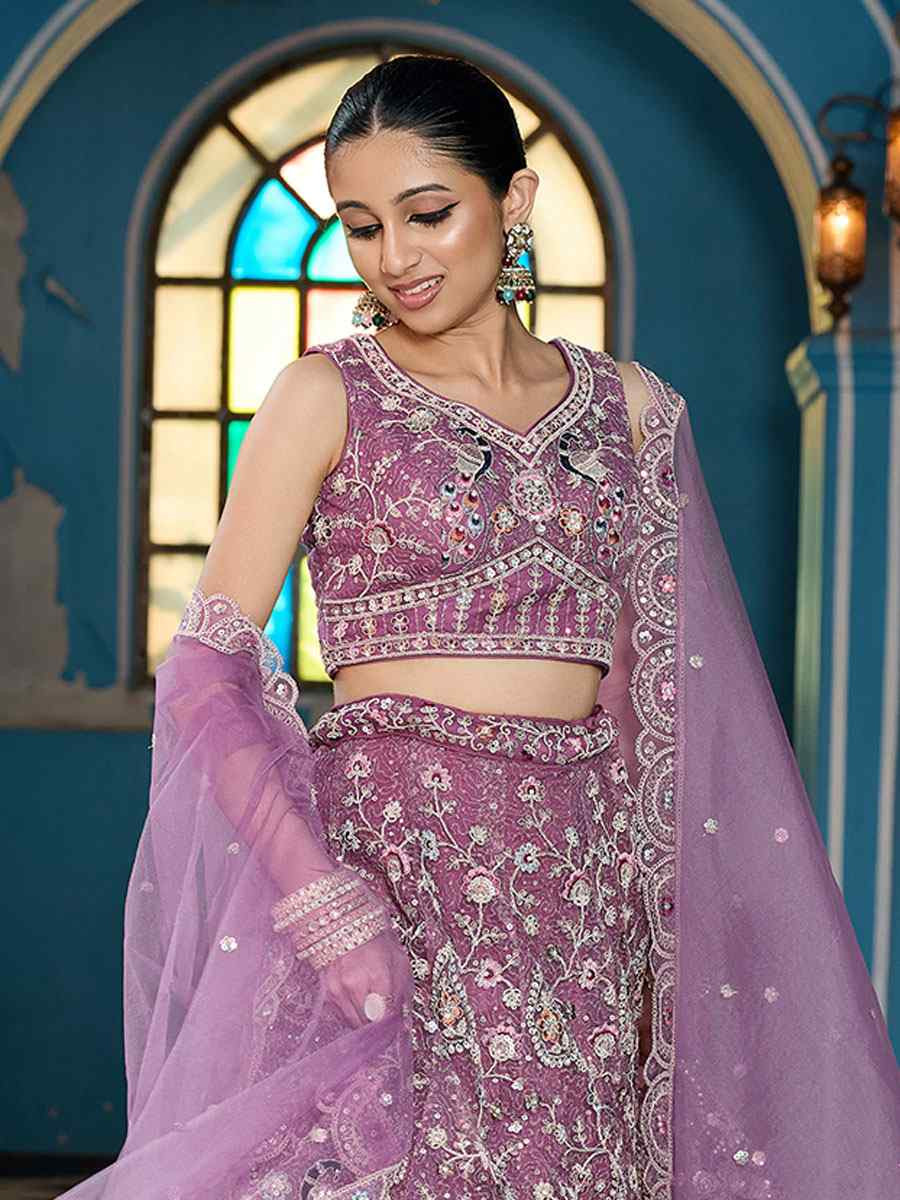 Lavender Net Embroidered Wedding Reception Festival Heavy Border Lehenga Choli