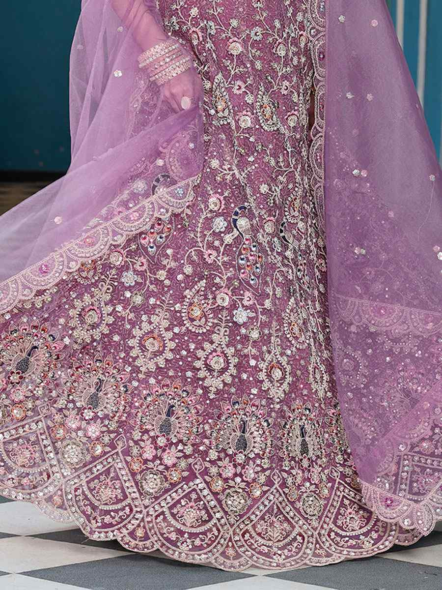 Lavender Net Embroidered Wedding Reception Festival Heavy Border Lehenga Choli
