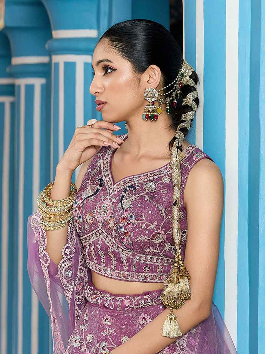 Lavender Net Embroidered Wedding Reception Festival Heavy Border Lehenga Choli
