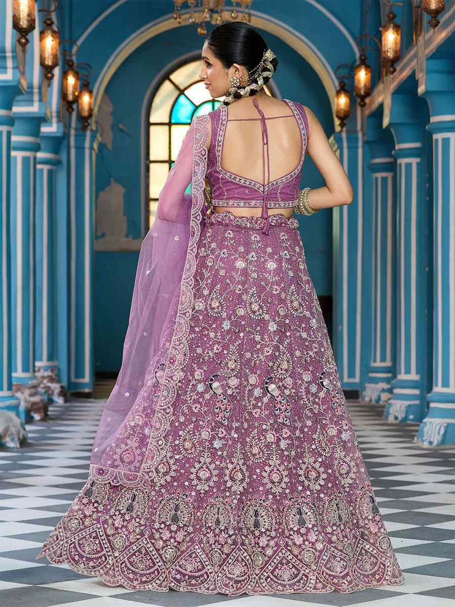 Lavender Net Embroidered Wedding Reception Festival Heavy Border Lehenga Choli