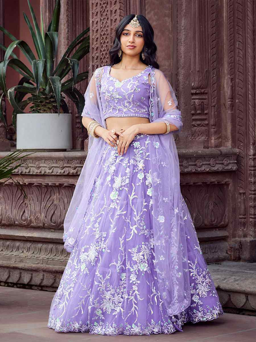 Lavender Net Embroidered Wedding Reception Festival Heavy Border Lehenga Choli