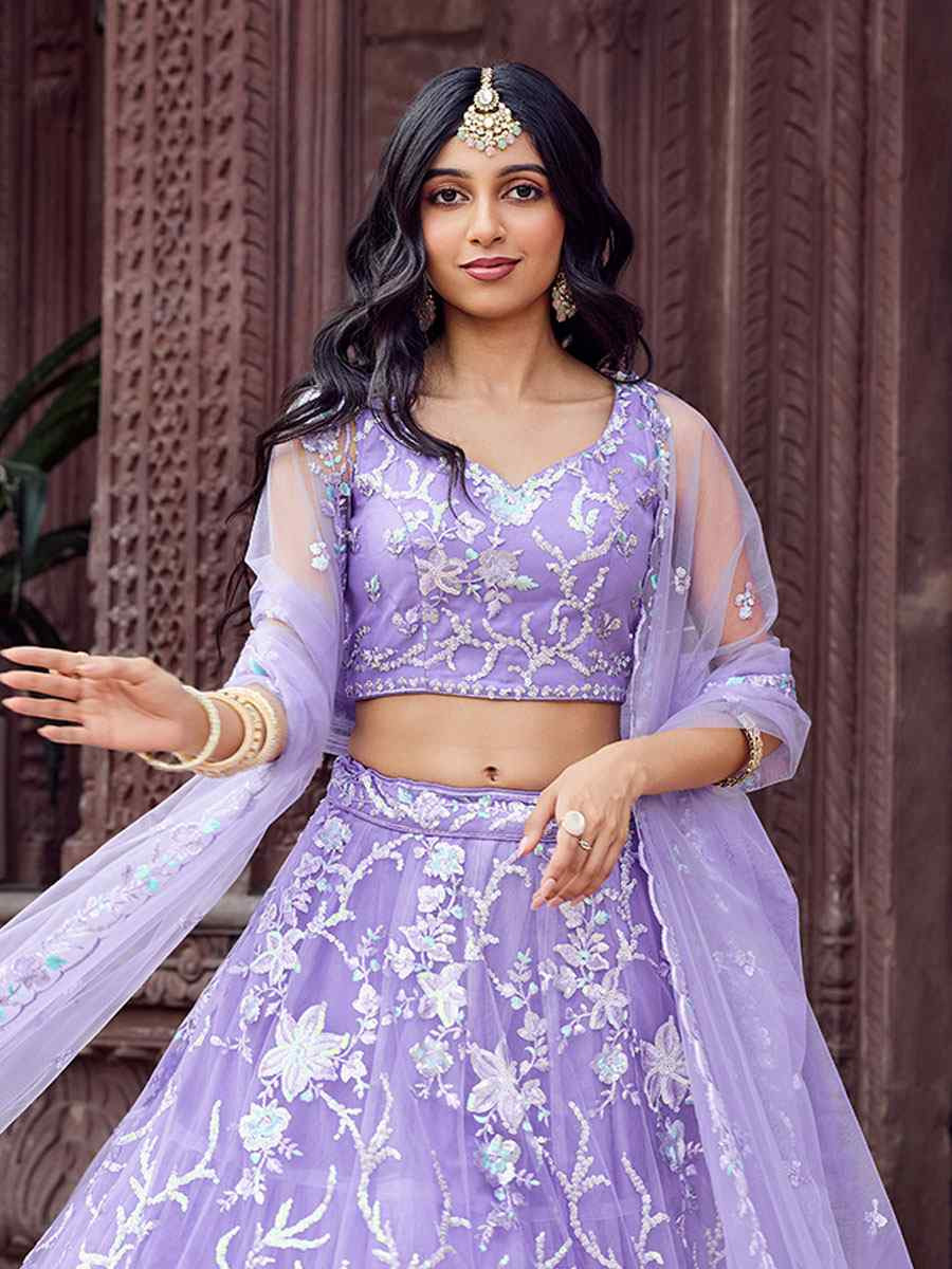 Lavender Net Embroidered Wedding Reception Festival Heavy Border Lehenga Choli