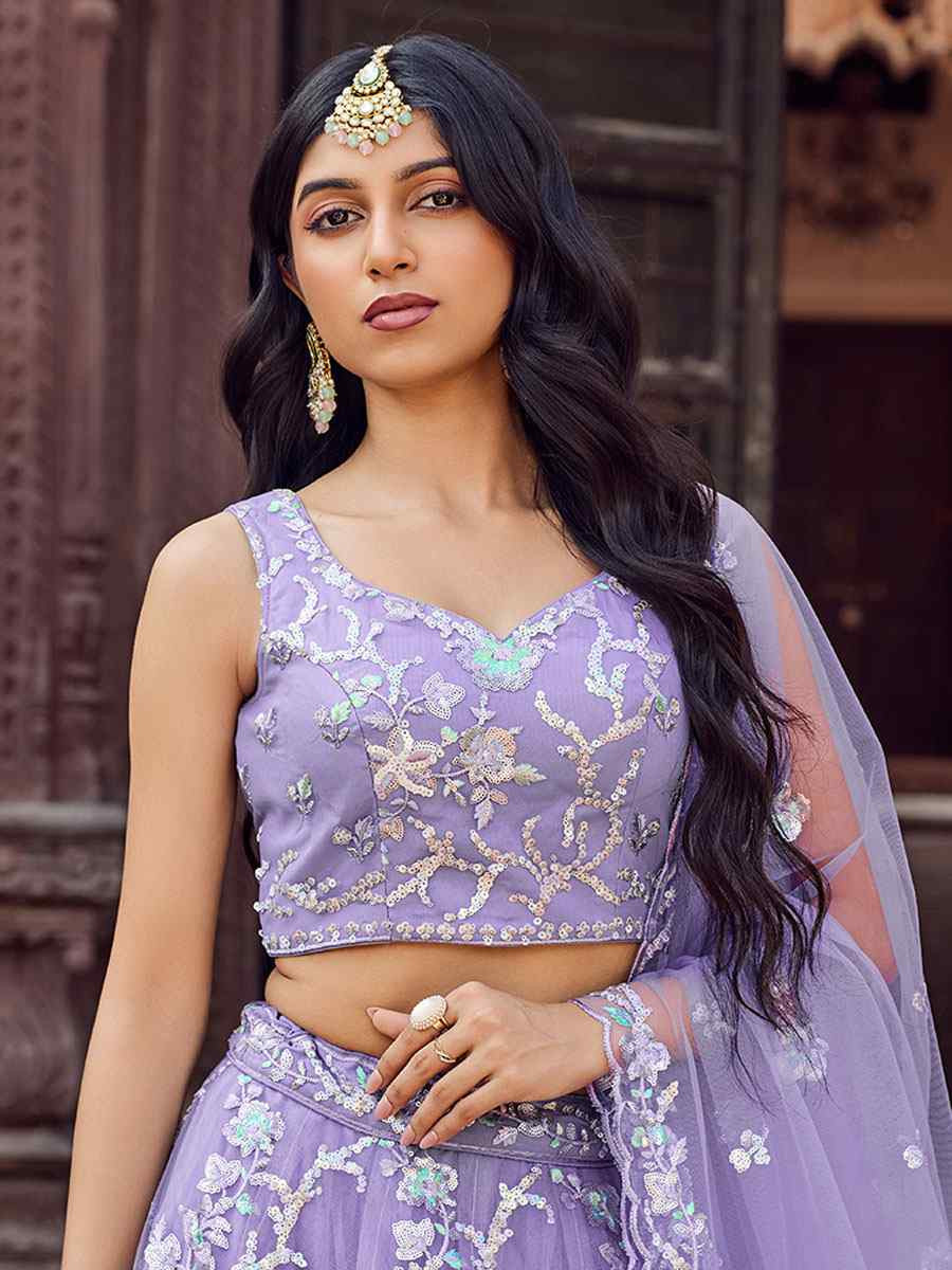 Lavender Net Embroidered Wedding Reception Festival Heavy Border Lehenga Choli