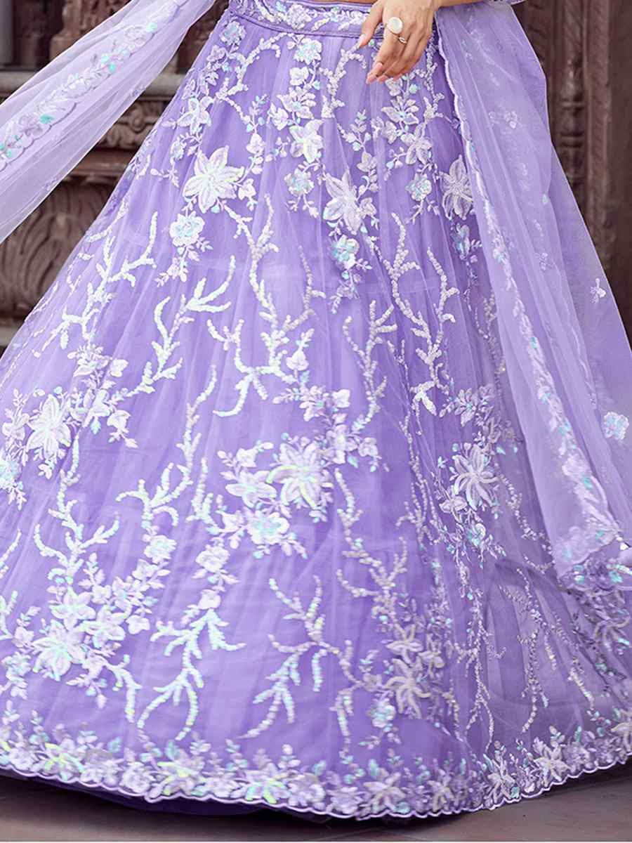 Lavender Net Embroidered Wedding Reception Festival Heavy Border Lehenga Choli