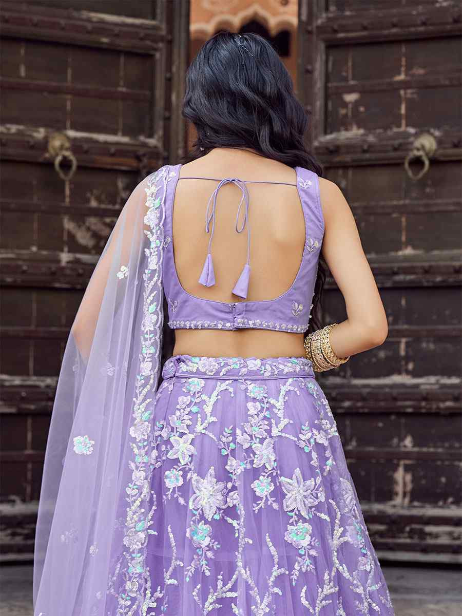 Lavender Net Embroidered Wedding Reception Festival Heavy Border Lehenga Choli